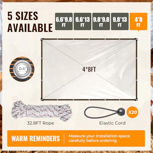 4x8 Ft Chicken Coop Cover for Winter | Waterproof Chicken Coop Tarp with Elastic Cords & Rope, Durable Protection for Large Chicken Runs - size: 4x8FT