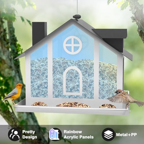 FlowaFoli Bird Feeders for Outdoors, Decorative Large Bird Feeders for Outdoors with Rainbow Acrylic Panels, Ideal Gift for BirdLovers to Attract Feathered Friends Year-Round - style: Standard