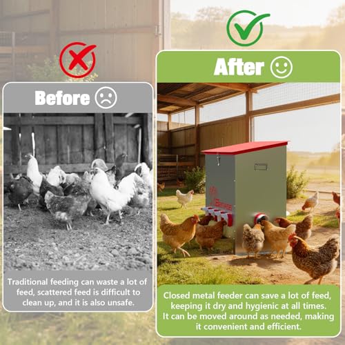 Metal Chicken Feeder, 150 LBs, 10 Ports | Automatic, No-Wase, Predator Proof Latch, Weatherproof, Anti-Tip Stakes, with Vegetable Hanging Feeder - size: 150 LB-10 Ports