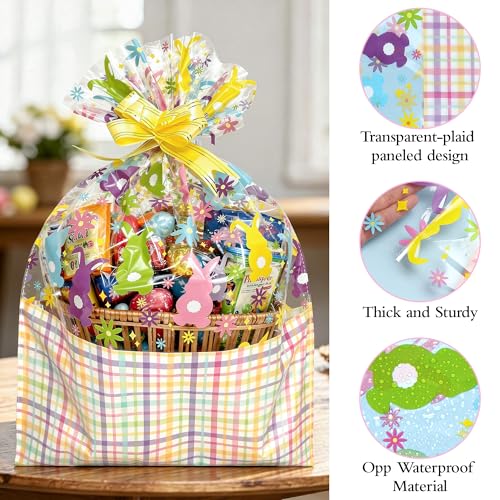 ASOEMERZ 10 Pcs Easter Basket Bags, 18"x24" Cellophane Bags for Gift Baskets with 10 Pieces Pull Bows for Small Gift Baskets, Presents, Treats, Easter Day, Party Supplies