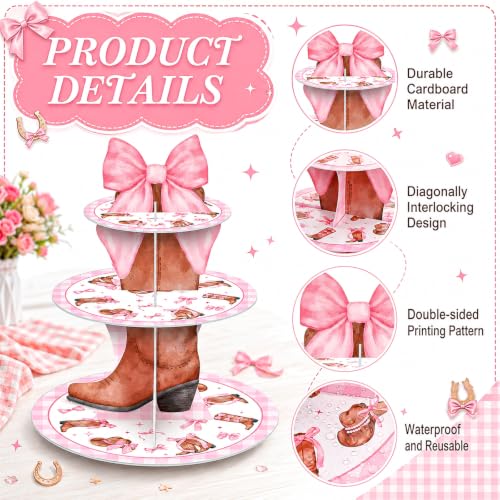 3 Tier Western Cowgirl Cupcake Stand Decoration Pink Bow Cupcake Tower Cowgirl Boots Hat Table Decoration Dessert Holder Table Display for Western Birthday Bachelorette Baby Shower Supplies - style: Cowgirl