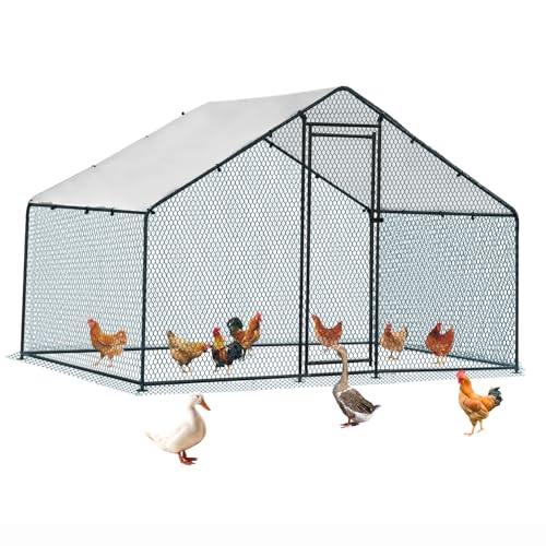 VINGLI Chicken Coop, 6.5 * 9.8 * 6.5 ft Large Metal Poultry Cage for Chicken Run, Walk-in Chicken Pen with Waterproof & Anti-UV Cover for Yard Outdoor (Black-Spire Roof) - color: Black-Spire Roof, size: 117.3"L x 77.6"W x 68.9"H