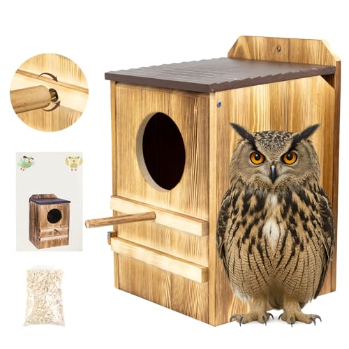 9'' x 14.5'' Owl House for Outdoor, Screech Owl House, Bird Box Large Handmade Wooden Circular Opening Screech Box for Outside with Mounting Screws and A Bag of Wood Shavings