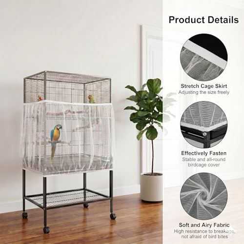 Bird Cage Seed Catcher, Bird Cage Net 90-118'' Birds Cages Cover | 31.8'' H Adjustable Soft Airy Skirt Guard Birdcage Nylon Mesh Net for Parrot Cages Seed Guard (Not Include Birdcage)- White