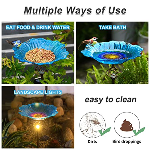 Homight Solar Glass Blue Bird Bath, Yard Art，Garden Outdoor Birdbath with Metal Stake with White LED Light Metal Stake Garden Decor Gift - color: Blue