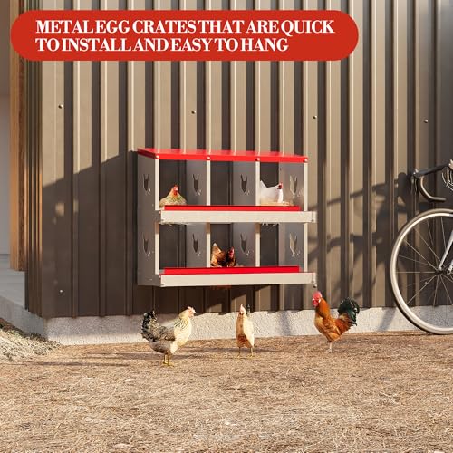 Chicken Nesting Boxes 6 Holes Galvanized Steel Rustproof Egg Laying Box with Egg Collection Systems, Hen Eggs Laying Box, Ventilated/Easy to Install, for Chicken Houses/Duck Houses/Hen - color: Red, size: 35.6"L x 17.3"W x 6.3"H