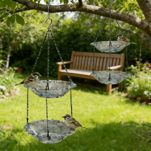 2-Tier Hanging Bird Feeder & Bird Bath, Gray Plastic | Outdoor, Bird Water Bowl, Garden Yard Patio Decor