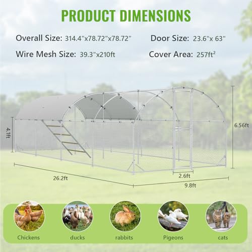 Large Metal Chicken Coop Runs for Yard with Cover, 10x26x6.5 | Perch Bars, Split Doors, Waterproof Covers, Mesh Wire - color: Round Top, size: 315.0"L x 118.1"W x 78.7"H
