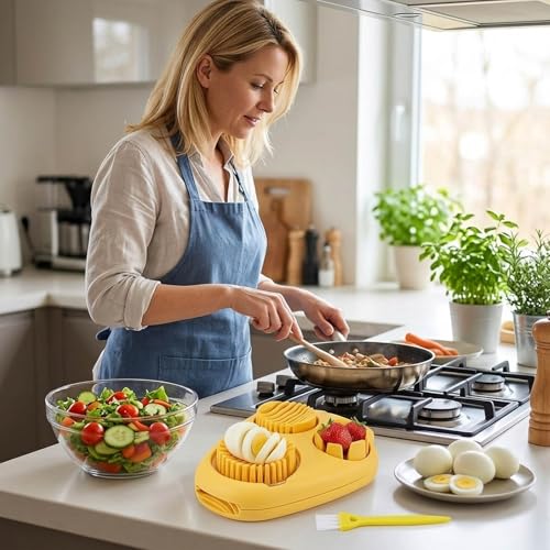 Egg Slicer for Hard Boiled Eggs, Grape Cutter, 3-In-1 Multipurpose Kitchen Tool with Cleaning Brush, Efficient Fruit Slicer for Strawberries, Grapes, Mushroom