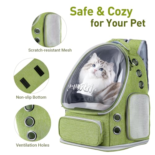 Cat Backpack Carrier with Large Space Bubble Window, Airline Approved Breathable Pet Carrier for Small Dogs Cats up to 15lbs, Foldable for Travel Hiking & Outdoor Use - color: Green