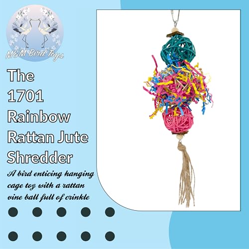 1701 Rainbow Rattan Bird Toy with Jute and Crinkle Paper – Shredding and Foraging Fun for Parakeets, Cockatiels, Conures, and Small Parrots – Natural Bird-Safe Toy for Cage Enrichment