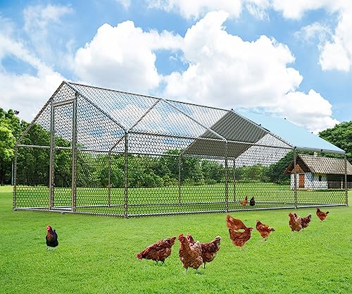 1.26’’ Large Metal Chicken Coop Walk in, Chicken Pen for Chickens, Outdoor Chicken Runs Coops Dog Kennel, Spire Roofed Chicken Runs for Yard with Anti-Ultraviolet Cover(9.8’Lx19.7’Wx6.4’H) - size: 9.8’Lx19.7’Wx6.4’H