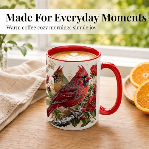 Botanical Cardinal Coffee Mug, Bird Lover Mug, Spring Garden Nature Gift for Home Office, Red Bird Pair with Floral Branch Artwork, Ceramic Red Accent Handle Cup 15 Oz Drinkware (Cardinal 15Oz) - color: Cardinal 15Oz