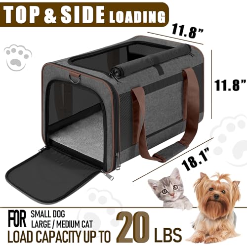 GAPZER Large Cat Carrier Soft, Collapsible Travel Pet Carry Bag, Small Dogs | Large Kitty Cat 20 lbs Maine Coon, Top Load Transport Small Puppy Dog Kennel, Yorkie Little Dog 10lbs, Ventilation Brown - color: Dark Grey-Brown