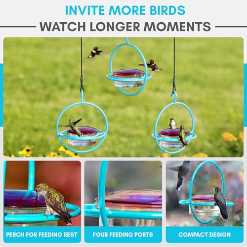 Hummingbird Feeder for Outdoors Hanging, 3.4 OZ Hummingbird Feeders, Glass Bowl with 4 Feeding Ports, Leak Proof Lid & Circular Perch, Bird Feeder (1, Aqua Blue) - color: Aqua Blue