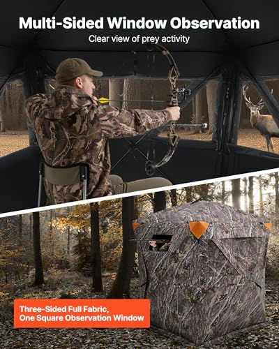 VEVOR Hunting Blind，See Through Ground Blinds with Carrying Bag, 360 Degree Portable Camouflage Tent，Durable Concealed Shelter with Silent Side Door and Window, for Turkey and Deer - size: Horizontal Windows-55.5 x 55.5 x 66.9"