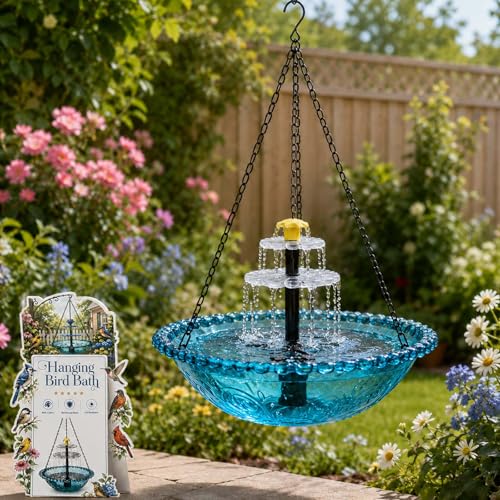 3-Tier Solar Powered Hanging Bird Bath Fountain, Integrated Solar Bird Bath for Outside, Cascading Water for Hummingbirds Wild Birds, Garden Patio Decor (Blue) - color: Blue