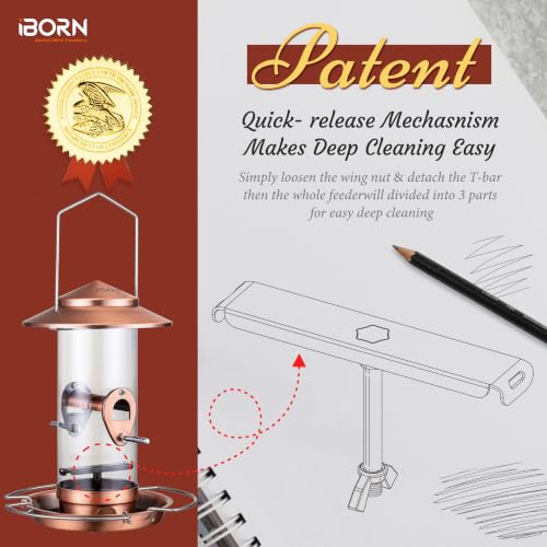 Bird feeders for Outdoors Metal Chew Resistant Copper-Plating, 1PK | Metal Roof, Metal Tray, Stainless Hanger, Flip-Top Fill, 3 stainless Perches with 2 Feeding Ports, Easy-Clean, 1.5LB - color: Copper-Plating