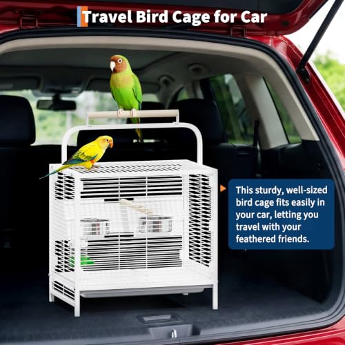 25.9''H Travel Bird Cage for Small Parrots Wrought Iron Portable Carrier Parrot Cage with Food Bowl/Perch, Slide-Out Tray for Canaries Budgies Parrotlets Lovebirds Conures Cockatiels, White | Wrought Iron Portable Carrier Parrot Cage w/ Slide-Out Tray for