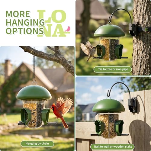 LONA Bird Feeders for Outdoors Hanging – 3 Separate Compartments, 3 Feeding Ports, Weatherproof Dome & 3 Ways to Hang, Large Capacity for Cardinals/Finches (Green | Weatherproof&Easy Clean, 3 Ports&3 Ways for Hanging, Large seed Capacity for Wild Birds, O