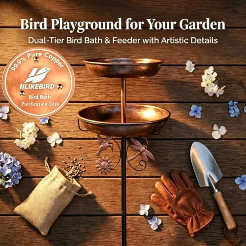 2-in-1 Bird Bath Feeder Set Antique Bronze with Copper Disk | Dual trays, heavy-duty metal, rustproof, hummingbird decor, ground stake, tool-free, vintage style