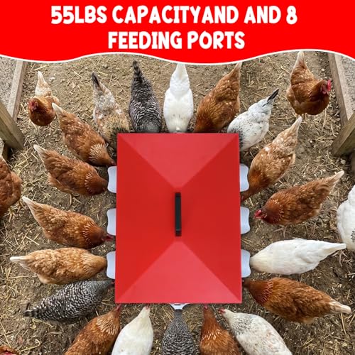 55LB Automatic Chicken Feeder Large for Chickens, Ducks and Poultry | Large Poultry Feeder, with 8 Feeding Ports, Viewing Window, Rainproof Lid, Adjustable Legs & Locking Cover