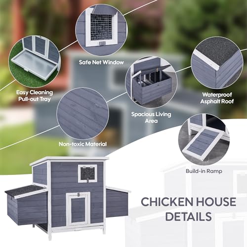 59" Chicken Coop for 2-6 Chickens, Wooden Chicken House with 2 Nesting Boxes, Outdoor Hen House Poultry House Pet Hutch Chicken Cage with Openable Roof & Ramp, 59''L*33.5''W*38.6''H