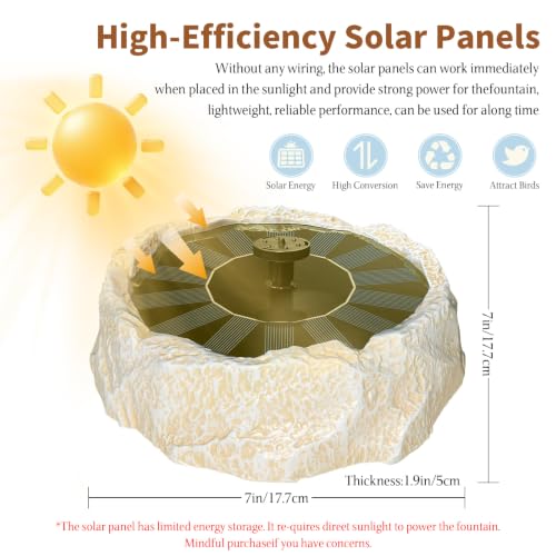 Solar Fountain for Bird Bath with Solar Panel Upgraded Faux Granite Rock Water Pump with 6 Nozzles for Birdbath Outdoor Garden Pond Pool Fish Tank Attracts Birds Energy-Efficient Backyard Decor Beige