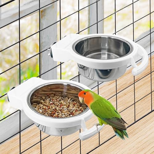 BNOSDM 2 PCS Bird Feeding Dish Cups Perch Stand Hanging Stainless Steel Bird Bowls Food Container Food and Water Bowls with Spoon for Budgie Cockatoo Finch Lovebirds Pigeons (White) - color: 2 Pcs White