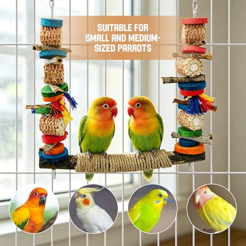 3-in-1 Parrot Toys(Swing + Perch + Chew Toy) | Colorful Parakeet Swing Toy Natural Sisal Rope Adjustable Bird Perch for Chewing and Balance Training for Lovebirds