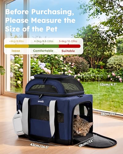 Pecute Cat Carrier, Top Expandable Dog Crate for Travel, Blue | 5mm Anti-Collapse Steel Frame, Soft Mesh, Vet Visits, Foldable Travel Crate,Outdoor Hammock, Leakproof Pee Pad & Bowl - color: Blue