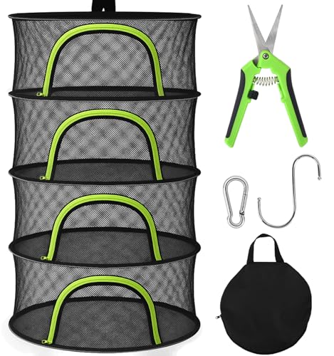 Herb Drying Rack Hanging Mesh 4 Layer 18" with Zipper, Garden Pruning Shear, Hook & Carabiner Clip for Drying Herbs, Plants, Seeds, Buds | Hydroponics & Grow Tents Herb Dryer Hanging Rack - style: 4 Layer 18"