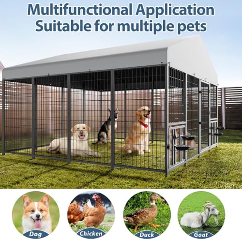 ROOMTEC Large Dog Kennel Outdoor Pet Pens Dogs Run with 4 Bowls (10' L x 10' W x 6.5'H) - size: 10’L x 10’W x 6.5’H