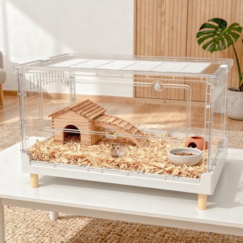Hamster Cage15.4 High Panoramic Clear Syrian Playhouse | 470 Sq In cozy retreat floor, 6.5" deep burrowing tray, 2.8" elevated thermal legs, 5-min foldable assembly - size: 27.5"L x 16.9"W x 15.4"H