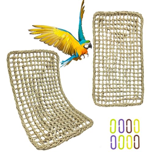 Large Bird Seagrass Mat 24 × 14 ''Natural Seagrass Woven Bird Net Hammock Climbing Rope Ladder with Hooks Chew Toy for Parrot Guinea Pig Lovebird Cockatiel Pigeon - size: 2Pcs 23.6" × 13.8"
