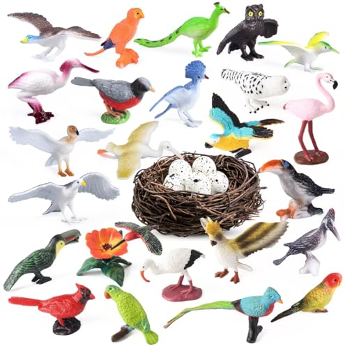 30Pcs Birds Animal Figures Playset,Assorted Realistic Bird Wildlife Toys with Nest Eggs,Parrot,Owl,Eagle,Hummingbird,Flamingo for Kids Educational Birthday Cake Decoration Party Favor School Projects - style: Birds