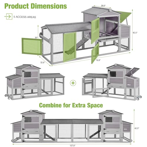 GUTINNEEN Chicken Coop on Wheels 80in Wooden Chicken House with Run Mobile Hen House Poultry Cage with Nesting Box Outdoor