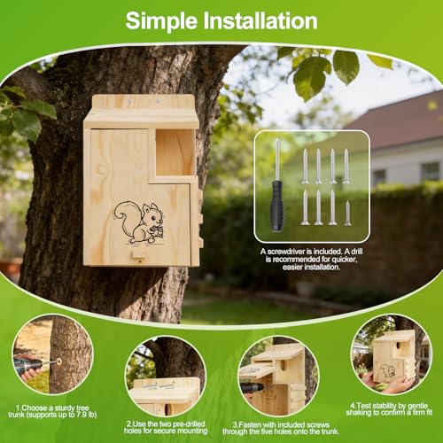 Large Wooden Squirrel House for Outside, Predator Guard Squirrel Nesting Box, Easy Assembly Outdoor Shelter for Squirrels & Chipmunks, Weatherproof Pine Wood Wildlife Habitat