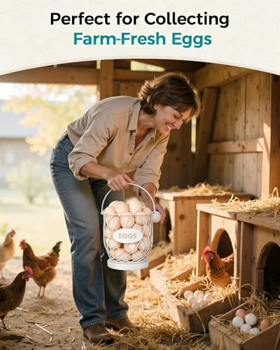Chicken Egg Basket for Gathering Fresh Eggs, Wire Egg Collecting Basket | Metal Handle, Wooden Base, Round Egg Holder Countertop, Vintage Farmhouse Kitchen Decor, Fruit Storage, White - color: White