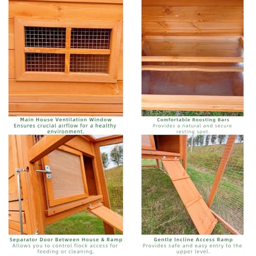 Mobile Chicken Coop with Wheels, Portable Hen House for 4-6 Chickens, Wood Outdoor Poultry Cage with Large Run, Waterproof Asphalt Roof, Side Nesting Box and Easy Clean Slide-Out Tray