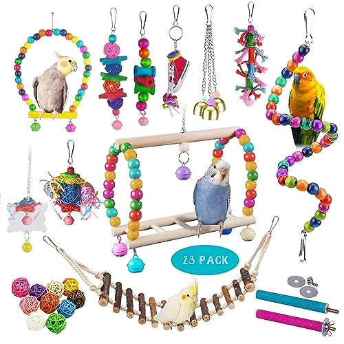 23pcs Bird Parakeet Cockatiel Toys,Parrot Swing Chewing Hanging Toy with Safe Bells,Bird cage Colorful Climbing Standing Rope Natural Wood Ladder Bungee Toys