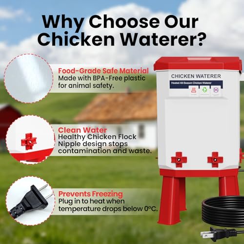 3.2 Gallon Heated Chicken Waterer with 4 Nipple Drinkers - Adjustable Height, BPA-Free, Freeze-Proof, 110V Electric, Suitable for Chickens, Ducks, Geese & Quails,12L (2)