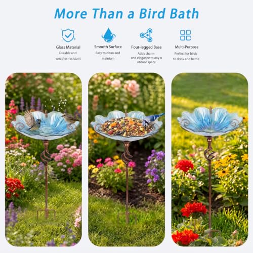 Glass Birdbath Birdfeeder with Metal Stake Garden Yard Outdoor Blue | 31inch height stain glass bird bath for outside,Blue flower bird bath bowl,attract wild birds and beautify outdoor gardens - color: Blue