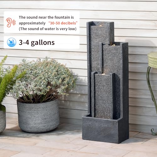 39" Modern Water Fountain Outdoor – Tiered Grey Rectangle Outdoor Waterfall Fountain with LED, Indoor Water Feature for Lawn Garden Porch or Backyard Decor, Resin patio water fountains outside - color: Gray-39 in