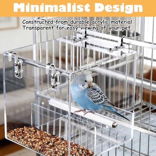ASelected Clear No Mess Bird Feeder, 6.3in Automatic Bird Feeder for Cage, Acrylic Clear Birds Feeder for Parrots Canary Parakeet Budgerigar Crested Myna Cockatiel Lovebird