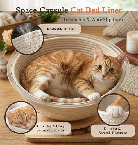 Cotton Rope Cat Bed Mat for Space Capsule, 11.8" Breathable Round Nest Liner, All-Season Warm & Cooling Pet Pad, Washable Scratch-Resistant Bedding for Cat Tree & Clear Bowl (Off White) - color: Off White, size: Small