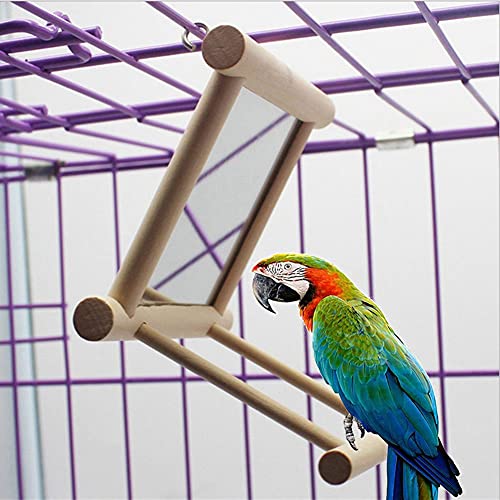 Bird Mirror with Swing and Perch for Parakeets Cockatiels Lovebirds Finches - Wooden Interactive Hanging Cage Toy, 3.7 x 3.5 x 3.5 Inch, 1 Pack - size: 3.7 x3.5x3.5 inch