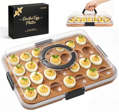 Deviled Egg Containers with Lid, Acacia Wooden Base with 28 Slots | Portable Deviled Egg Platter Carrier Holder Trays, Elegant appearance, Strong Durability, for Party and Home Kitchen - color: Black