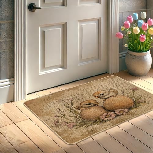 Cute Chickens Welcome Mat, Yellow Hatching Chick Doormat for Spring & Easter Home Decor, Non-Slip Absorbent Indoor & Outdoor Entrance Mat, Easy Maintenance 29x17 Inch