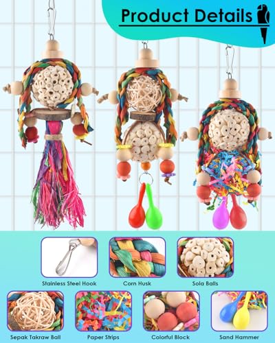 Bissap 3PCS Bird Parrot Foraging Shredder Hanging Toys Sola Balls with Sand Hammer for Small Parrots Parakeets Conures Cockatiels Love Birds Cage Toy - size: 3 PCS
